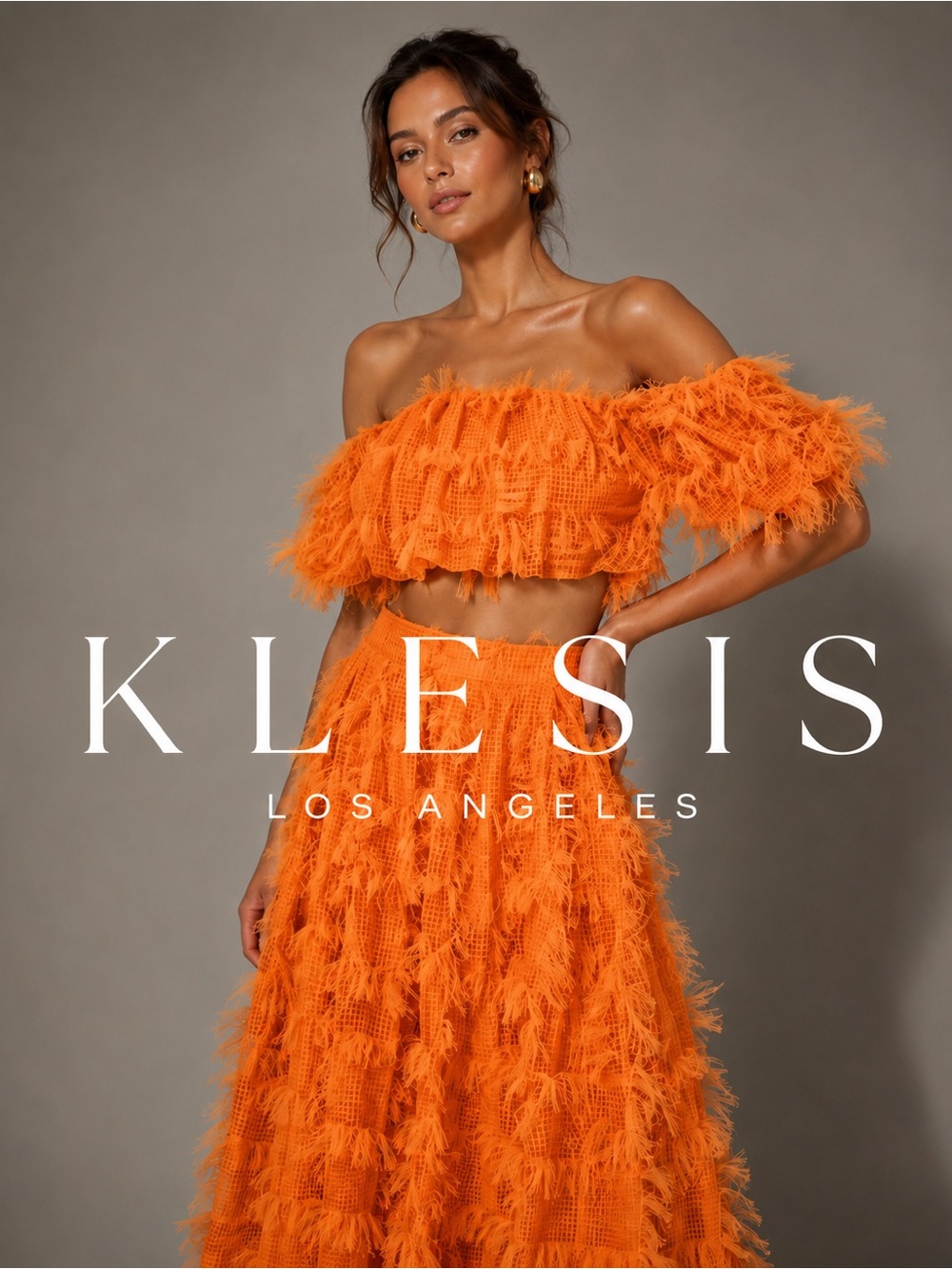 Klesis Orange Textured Fringe 2-Piece Set – Maxi Skirt & Ruffle Crop Top